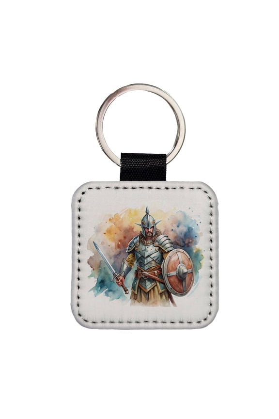 Fantasy Male Warrior Fighter With Full Armor Tank Faux Leather Square Keychain