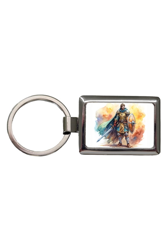Fantasy Male Warrior Fighter With Sword And Shield Tank Metal Rectangle Keychain