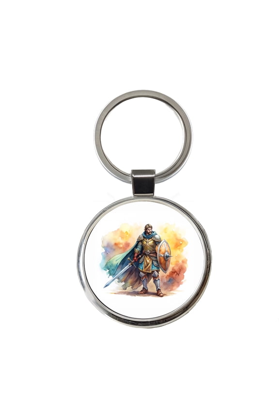 Fantasy Male Warrior Fighter With Sword And Shield Tank Metal Round Keychain