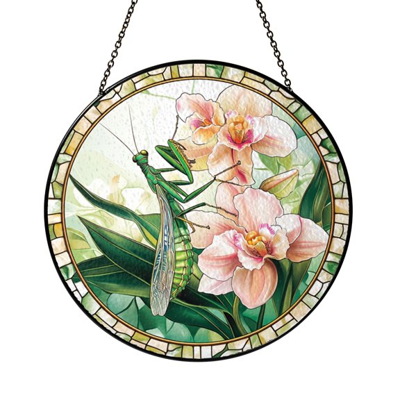 Fantasy Mantis Stained Glass Style Window Suncatcher with Orchid Design, Decorative Hanging Light Catcher