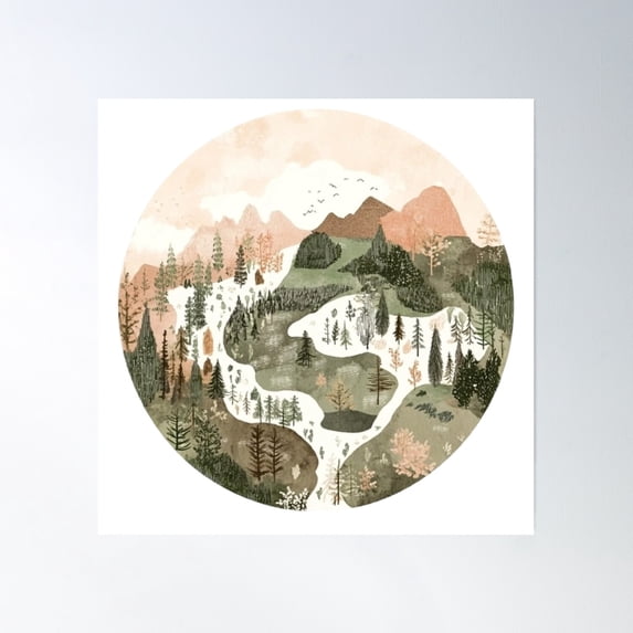 Fantasy Map-Inspired Circular Forest Landscape In Soft Pastel Colors Poster Wall Art, Modern Wall Decor, 16x16 UNFRAMED