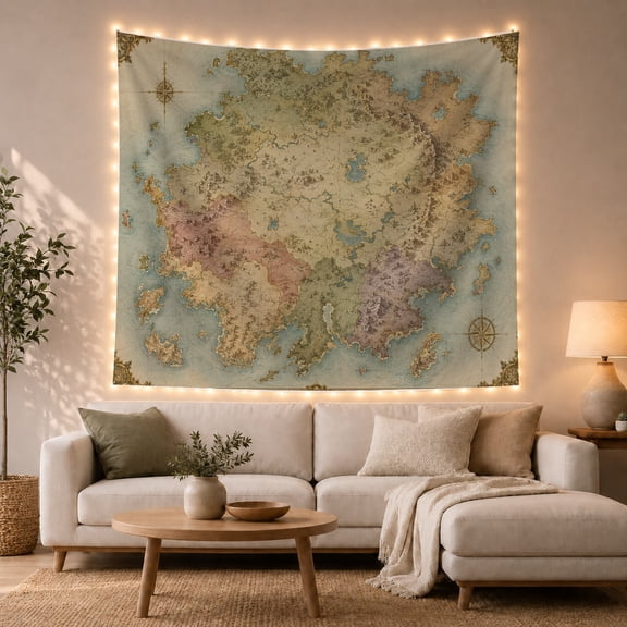 Fantasy Map with Mountains and Forests, Mystical Vintage for History Lovers, Antique Cartography Art, Housewarming Gift, Tapestry Wall Hanging for Study Room and Home Library