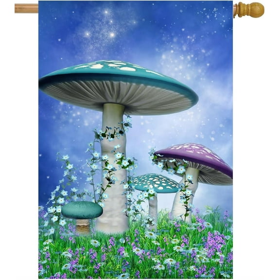 Fantasy Meadow Fairy Tale Blue Purple Mushrooms Floral Flowers Seasonal House Flag 28" x 40" Double Sided Polyester Welcome Large Yard Garden Flag for Patio Lawn Home Outdoor Decor