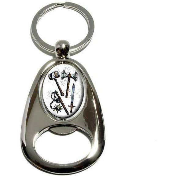 Fantasy Medieval Weapons, Axe Sword Mace War Hammer, Chrome Plated Metal Spinning Oval Design Bottle Opener Keychain Key Ring