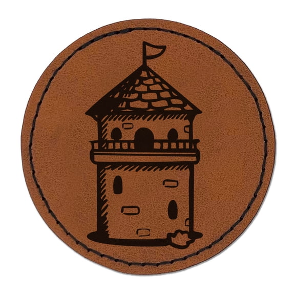 Fantasy Medieval Wizard Tower Building Round Iron-On Engraved Faux Leather Patch Applique - 2.5 Inch - Brown