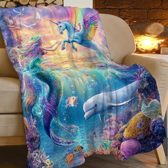 Fantasy Mermaid Blanket Unicorn Throw Blankets for Girls Boys Soft Warm Funny Marine Life Throws Flannel Fleece Plush Ocean Beach Stuff Gifts for Kids Men Women Adults for Bed Sofa Decor 50"x40"