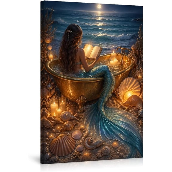 Fantasy Mermaid Canvas Wall Art Ocean Moonlit Scenery, Gold Bathtub & Shells Decor, Magical Reading Mermaid Tail Picture for Bedroom & Home