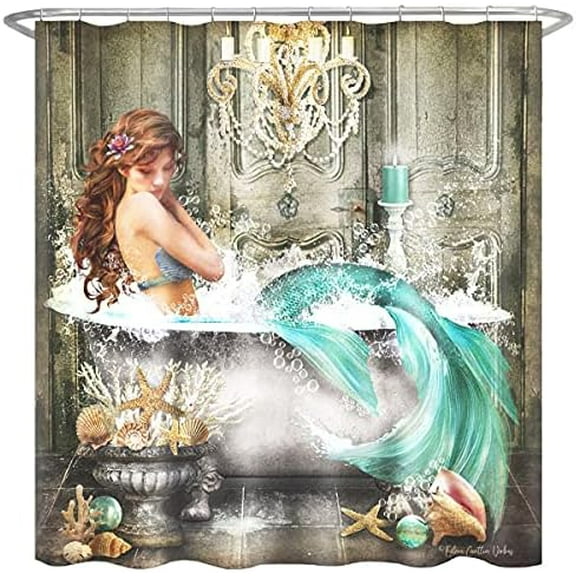 Fantasy Mermaid Print Polyester Cloth Bathtub Shower Curtain, Hooks Included, Bathroom Home Dcor, 72 X 72$$Home Decor, Kitchen, & Other