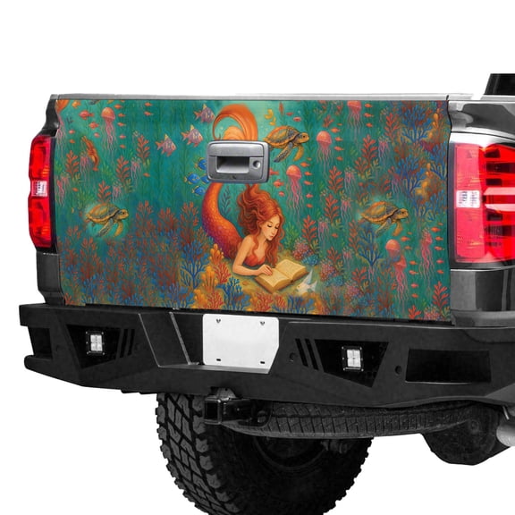 Fantasy Mermaid Reading Tailgate Wrap – Underwater Ocean Mermaid Truck Tailgate Decal, Colorful Sea Life Pickup Tailgate Graphic