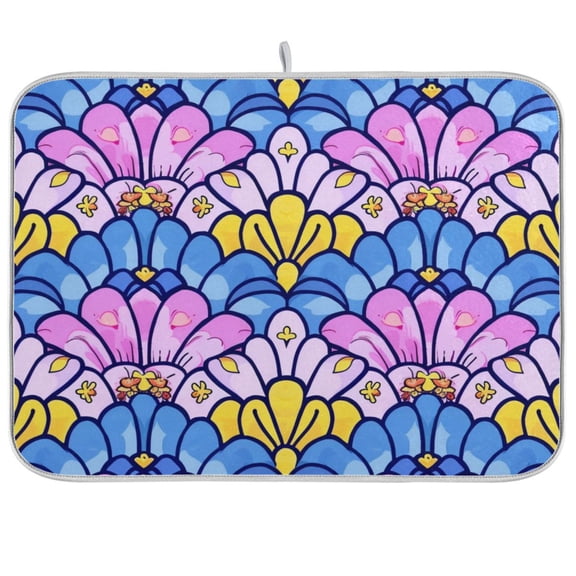 Fantasy Mermaid Scale Floral Dish Drying Mats Kitchen Mat Microfiber Counter Absorbent Dish Pad Drainer Rack 18"x24"
