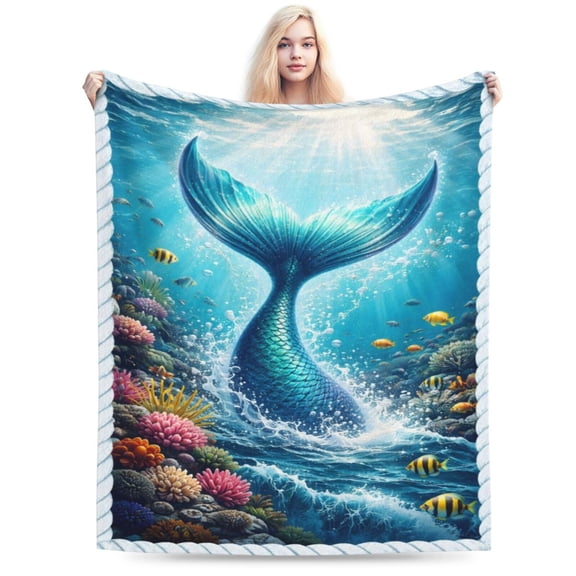 Fantasy Mermaid Tail Ocean Art Throw Blanket, Underwater Mythical Sea Art Fleece Blanket, Soft Warm Decorative Blanket for Sofa Bed Couch, Adult Home Decor 50x40