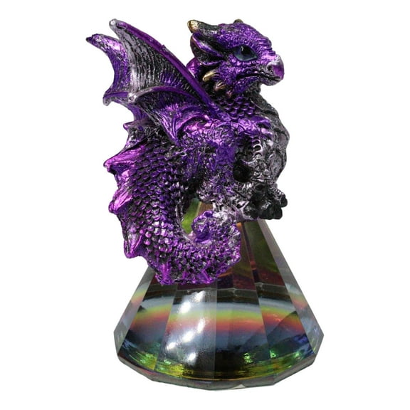Fantasy Metallic Purple Silver Dragon On Iridescent Pyramid Glass Small Figurine