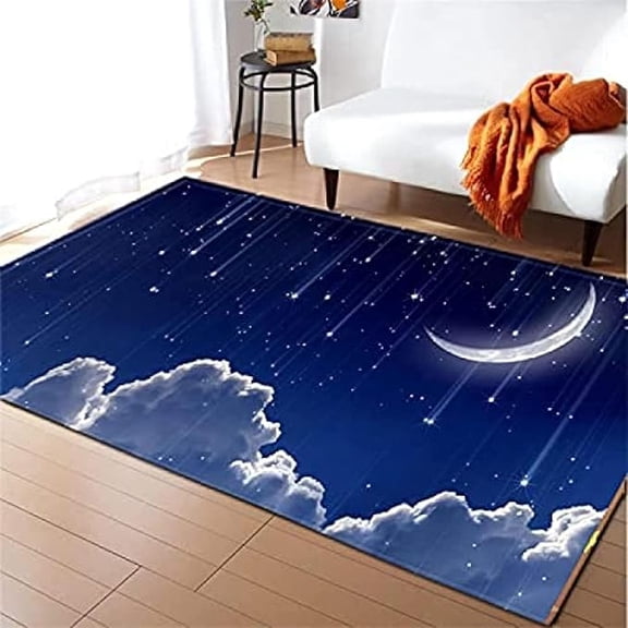 Fantasy Meteor Shower Moon Kids Rugs, Cartoon Star White Cloud Soft Fluffy Bedroom Rug, Non-Slip Durable Washable Living Room Rugs, For Office Restaurant Entrance Floor Mat 4 x 6ft