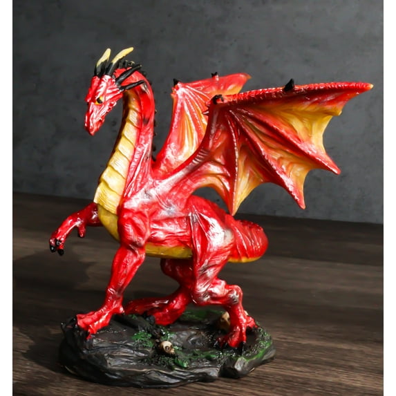 Fantasy Midnight Leviathan Red Dragon Standing On Volcanic Rock Small Figurine