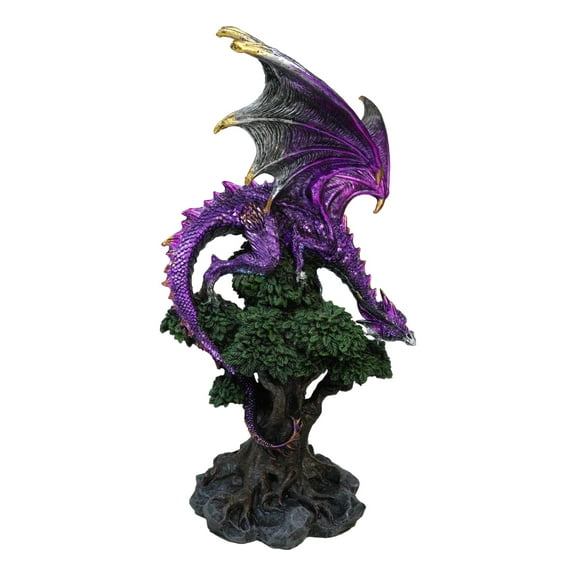 Fantasy Midnight Purple Dragon Perching On Ancient Tree Of Life Figurine