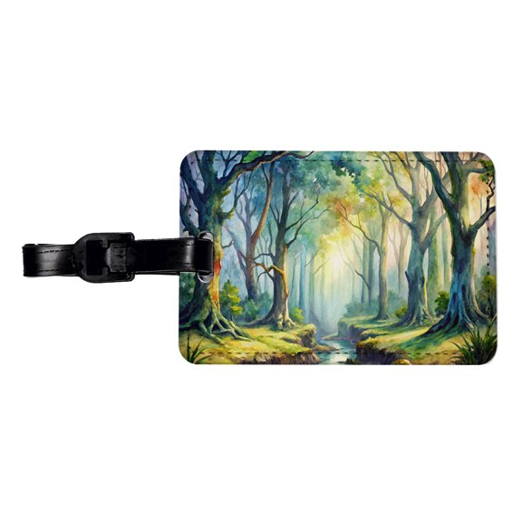 Fantasy Misty Forest Stream And Trees Watercolor Faux Leather Travel Luggage Tag