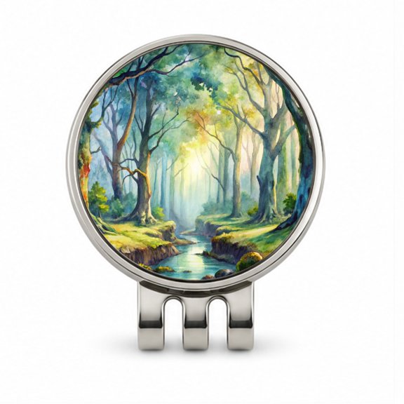 Fantasy Misty Forest Stream And Trees Watercolor Golf Hat Clip with Removable Magnetic Ball Marker