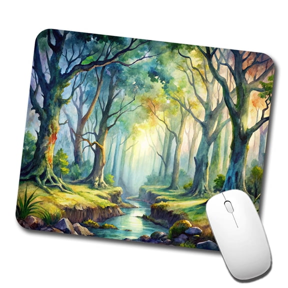 Fantasy Misty Forest Stream And Trees Watercolor Mouse Pad Low Profile Gaming Mat