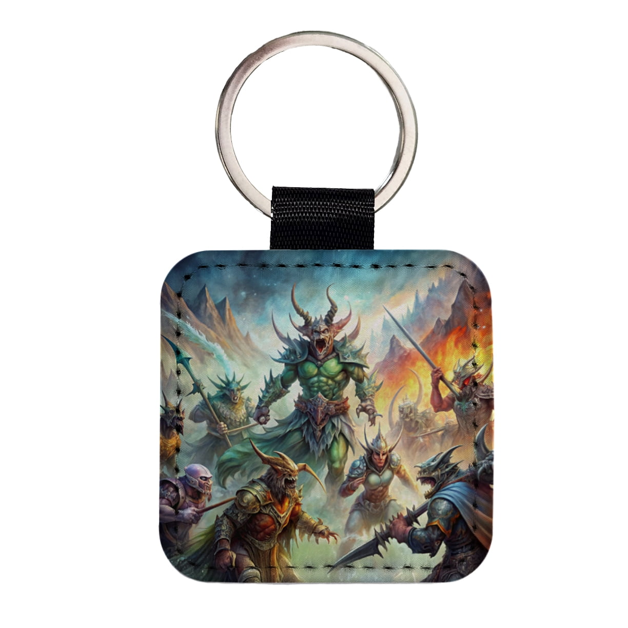Key Chain Monster Fantasy Monsters In Battle Watercolor Faux Leather Square Keychain ...