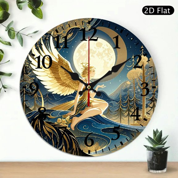 Fantasy Moon Goddess Wall Clock, Celestial Golden Winged Angel Art, 10x10 Inch Round Silent Decor for Bedroom, Battery Not Included, 1pc