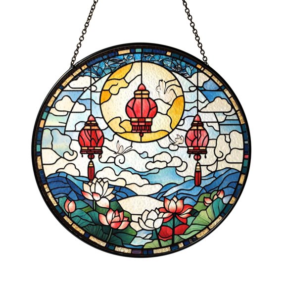 Fantasy Moon Rabbit Stained Glass Suncatcher Window Hanging Decor, Rabbit and Lotus Pond Decorative Glass Panel Art, Night Sky Stained Glass Style Window Ornament, Unique Window Decor Gift