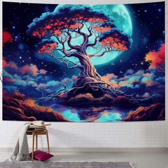 Fantasy Moon Tapestry Trippy Tree Tapestry Tree of Life Tapestry Neon Aesthetic Tapestry Nature Landscape Tapestry Wall Hanging for Bedroom 40x30inch