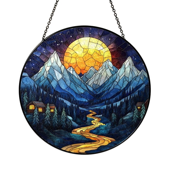 Fantasy Moonlit Castle Landscape Stained Glass Style Window Hanging Suncatcher, Decorative Glass Panel Art Ornament for Reader Shelf Decor