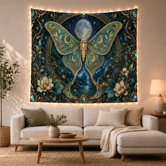 Fantasy Moth with Full Moon in a Starry Night Valley, Mystical Celestial for Nature Lovers, Botanical Wall Art, Housewarming Gift, Tapestry Wall Hanging for Bedroom and Living Room