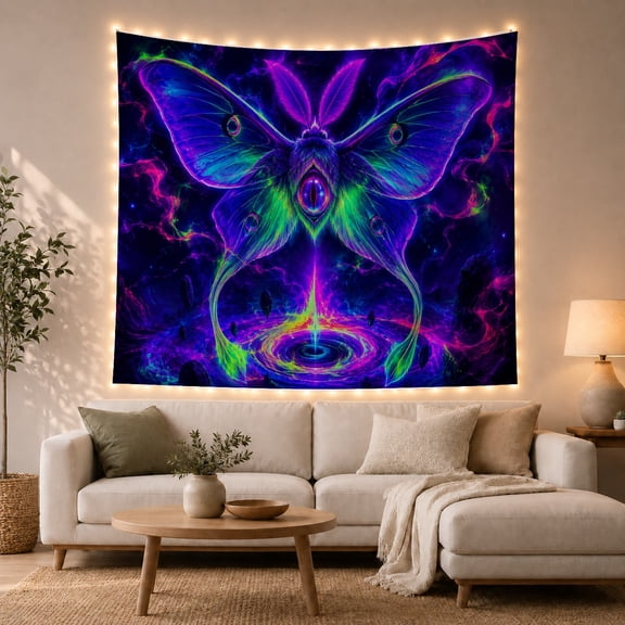 Fantasy Moth With Glowing Energy Portal in Cosmic Background, Mystical Psychedelic for Dark Art Lovers, Fantasy Wall Art Decor, Halloween Gift, Tapestry Wall Hanging for Bedroom and Living Room