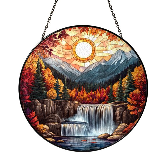 Fantasy Mountain Stained Glass Style Window Suncatcher, Waterfall Forest Art Decor, Decorative Hanging