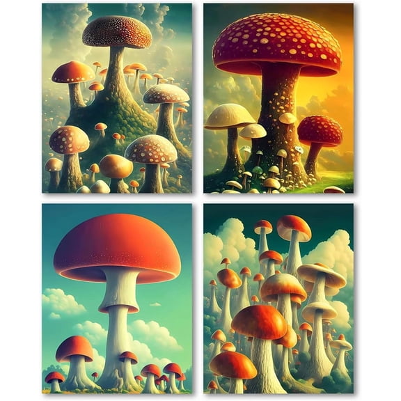 Fantasy Mushroom Canvas Poster,Modern Nature Wall Art,Forest Botanical Prints,Living Room Corridor Decoration, 8x10inches Unframed Canvas Set of 4
