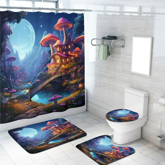 Fantasy Mushroom Forest 4 Pieces Shower Curtain Set with Non-Slip Rug Enchanted Fairy Tale Woodland Bath Curtain for Bathroom Waterproof Fabric Bathroom Decor Set, 72x72 Inch