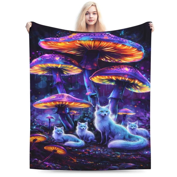Fantasy Mushroom Forest Blanket, Mystic White Fox Throw, Neon Woodland Fleece Blanket for Halloween Gothic Home Decor Gift 50x40