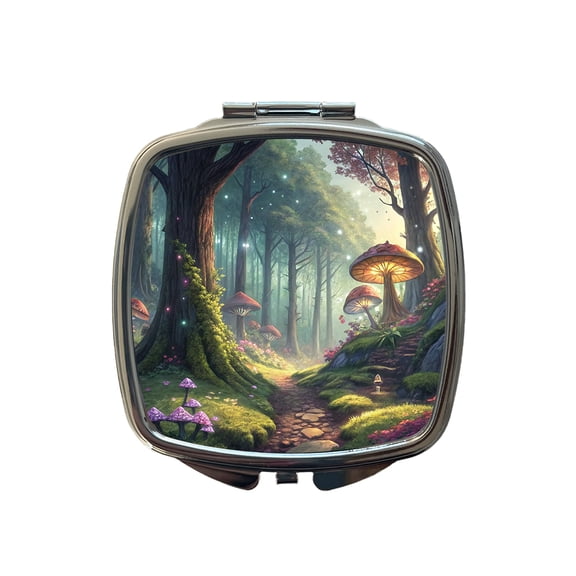 Fantasy Mushroom Forest Mystical Anime Style Travel Makeup Handbag Purse Small Pocket Compact Mirror