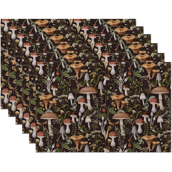 Fantasy Mushroom Forest Placemats Set of 6,Insect Berry Linen Washable Kitchen Dining Table Mats Heat Resistant Place Mats for Home Party Indoor Holiday 12x18 Inch