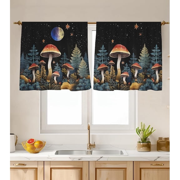 Fantasy Mushroom Forest Starry Moon Night Kitchen Curtains Aesthetic Window Drapes for Kitchen Bedroom Home Decor