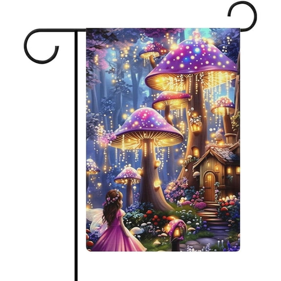 Fantasy Mushroom House Garden Flag, Farmhouse Style Double Sided Outdoor Lawn Decor, 12 x 18 Inches