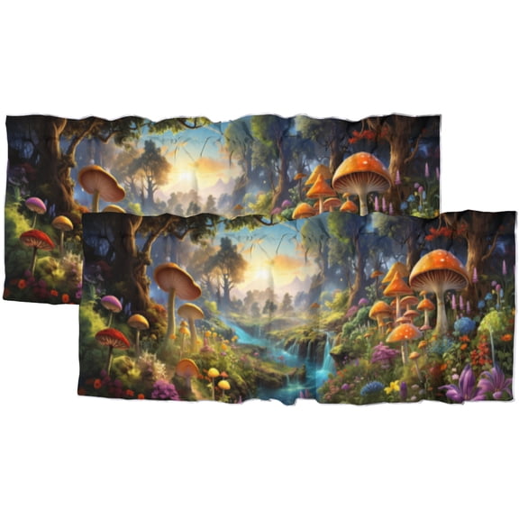 Fantasy Mushroom Rod Pocket Thermal Insulated Curtain Valance Fairy Forest Tree Jungle River Colorful Floral Thermal Insulated Room Darkening Curtain for Dinning Room 54 by 18 in, 2 Panel