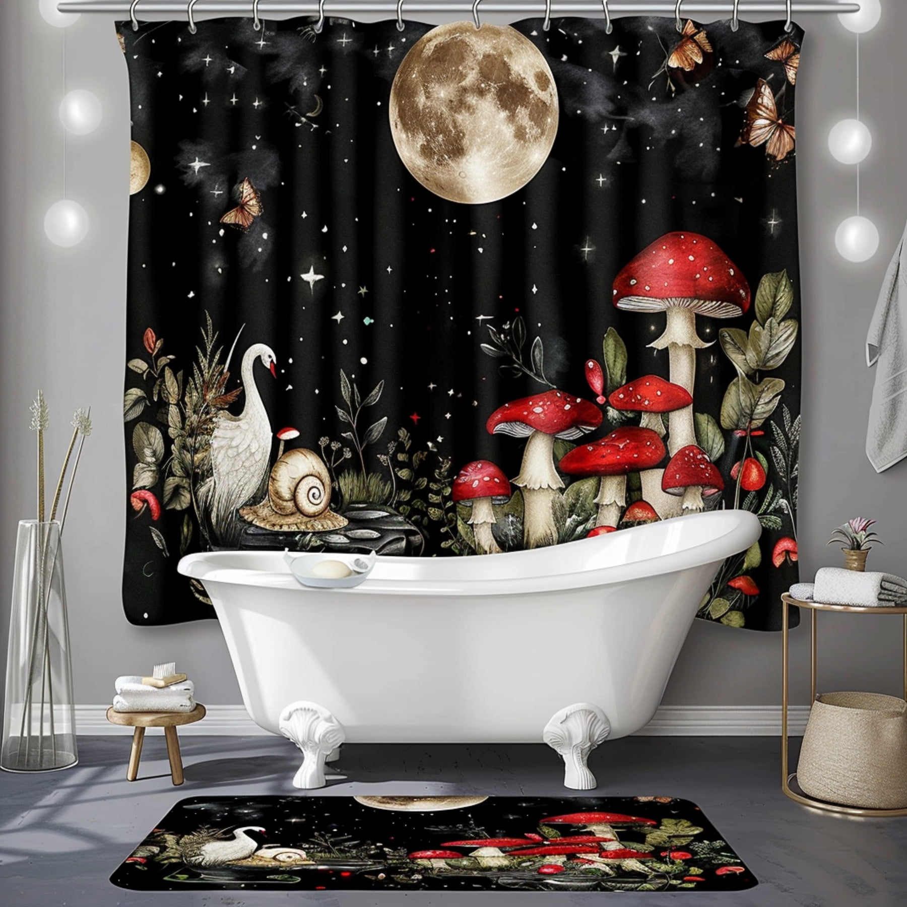 Fantasy Mushroom and Moon Bathroom Decor Set with Watercolor Red Mushrooms White Bathtub and