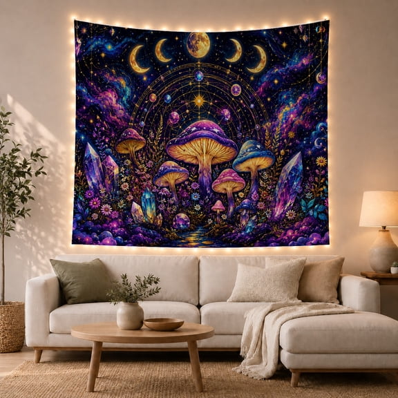 Fantasy Mushrooms & Crystals in Nebula Stream, Mystical Celestial for Space Lovers, Magical Nature Decor, Housewarming Gift Tapestry Wall Hanging for Bedroom and Dorm
