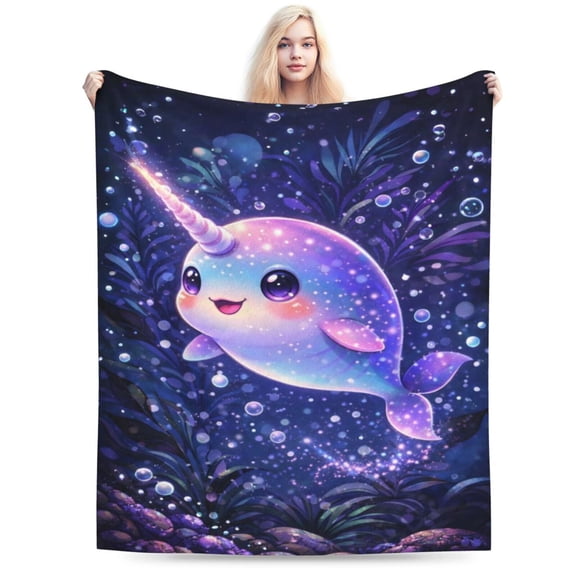 Fantasy Narwhal Art Throw Blanket, Dreamy Ocean Animal Illustration Fleece Blanket for Home Decor, Soft Cozy Sofa Bed Blanket 50x40