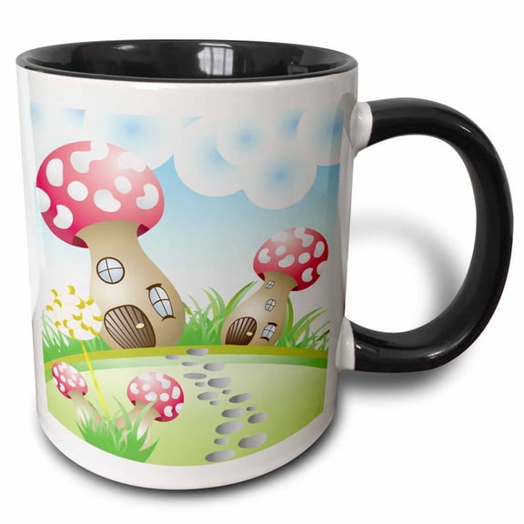 3drose, Fantasy Nature Background Scene Mushroom Houses and Lollipop Vector Design, 15oz Two-tone Black Mug