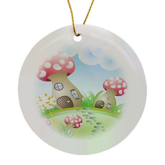 3drose, Fantasy Nature Background Scene Mushroom Houses and Lollipop Vector Design, Circle Porcelain Ornament
