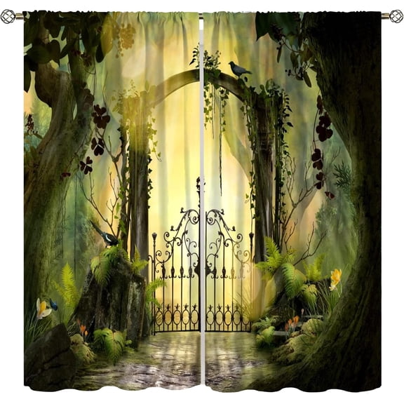 Fantasy Nature Curtains for Windows, Gothic Gate Fantasy Forest Theme Curtains for Living Room, Magic Dreamland Fairy Landscape Pattern Blackout Drapes 2 Panel Sets, 42x63 Inch
