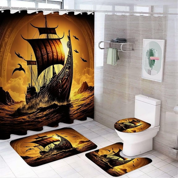 Fantasy Nautical Pirate Ship Shower Curtain Sets 4 Piece,Vintage Ocean Pirate Ship Seagull Full Moon Bathroom Decor Sets with Rugs Include Waterproof Non-Slip Toilet Lid Cover Bath Mat