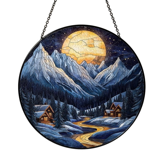 Fantasy Night Realm Stained Glass Style Window Suncatcher Hanging, Moonlit Castle Landscape Decorative Glass Panel Art Ornament for Fantasy Reader Home Decor