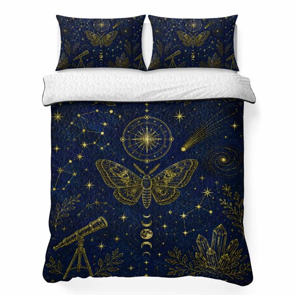 Fantasy Night Sky 3 Piece Quilt Bedding Set with 2 Pillow Shams, Mythical Butterfly Moth Moon Phase Star Navy Blue Lightweight Bedspread Coverlet, Soft Breathable All Season Quilt, 68 x 98 Inch