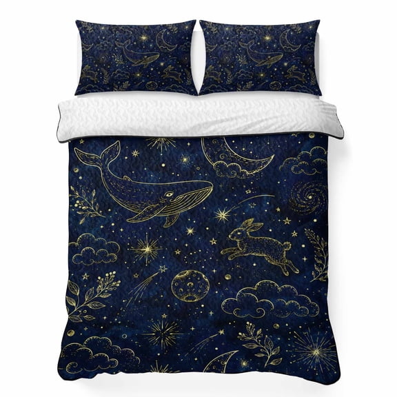 Fantasy Night Sky 3 Piece Quilt Bedding Set with 2 Pillow Shams, Mythical Whale Rabbit Moon Stars Navy Blue Lightweight Bedspread Coverlet, Soft Breathable All Season Quilt, 96 x 106 Inch