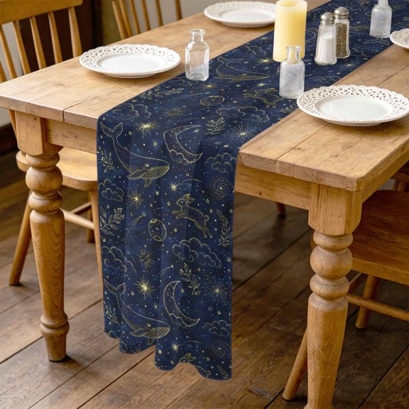 Fantasy Night Sky 4.5ft Cheesecloth Table Runner for Wedding 19"x55", Mythical Whale Rabbit Moon Stars Navy Blue Kitchen Dinner Sheer Tulle Chiffon Dresser Scarf, Holiday Party Decorations