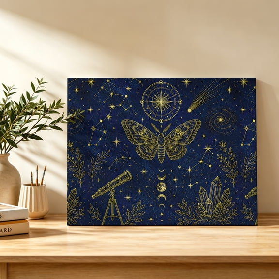 Fantasy Night Sky Canvas Wall Art, Mythical Butterfly Moth Moon Phase Star Navy Blue Wall Art Prints Artwork Framed Canvas Ready to Hang Art Pictures for Bathroom Bedroom Entry Desk Corner 10" x 8"